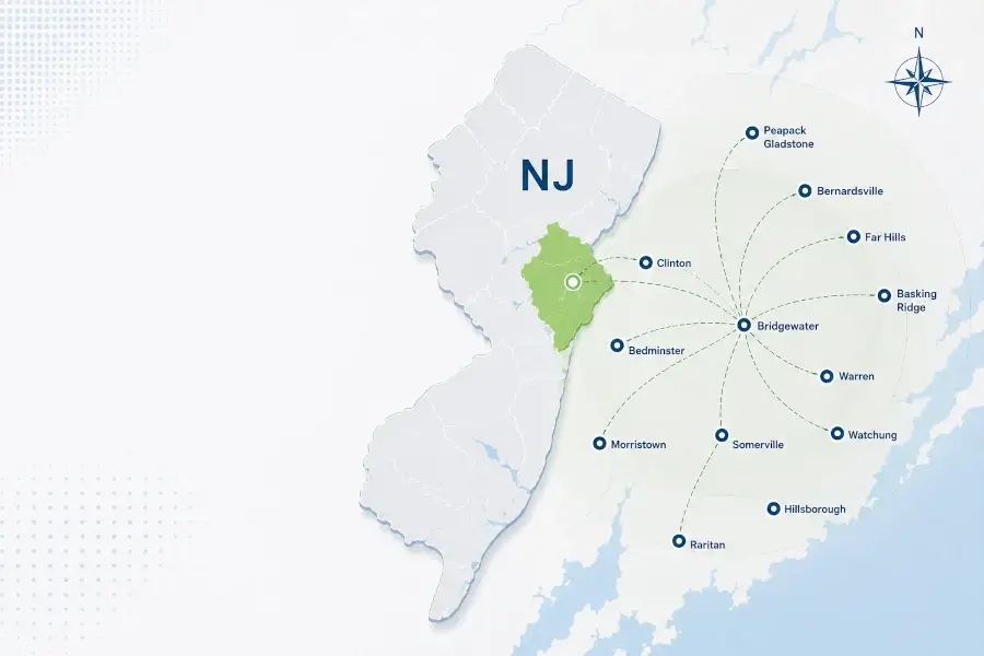 Map showing PGA Eco Clean service areas throughout Somerset County and surrounding New Jersey communities